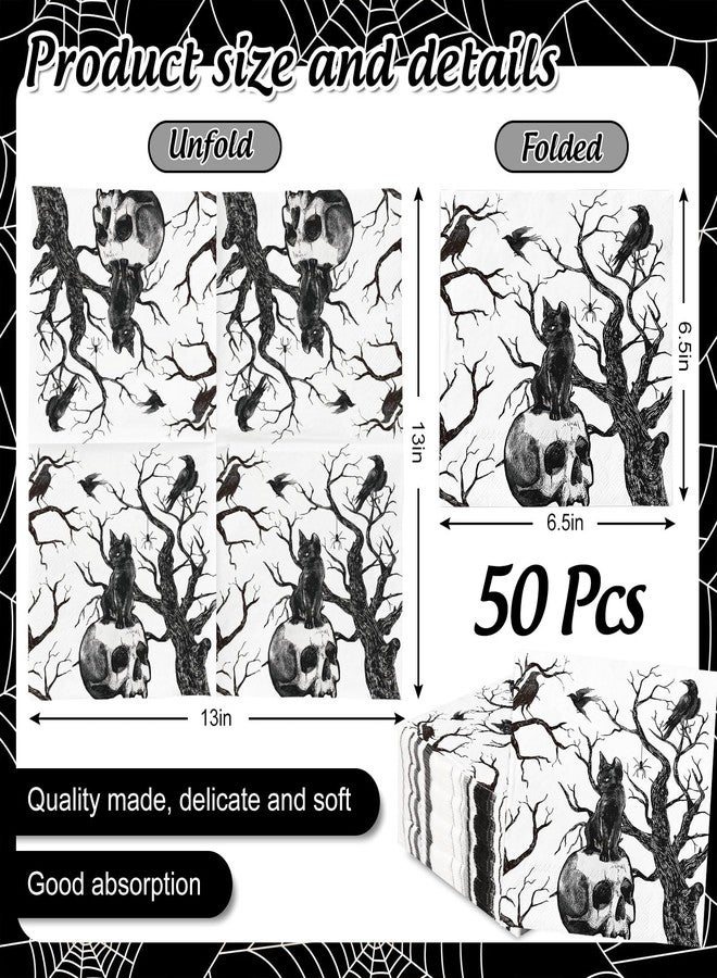 JarThenaAMCS مناديل ورقية للهالوين من جارثينا إيه إم سي إس، ٥٠ قطعة، بتصميم جمجمة سوداء وقطة، مناسبة للغداء والعشاء، ولتزيين طاولة الطعام في المنزل أو الحفلات. - Image 2